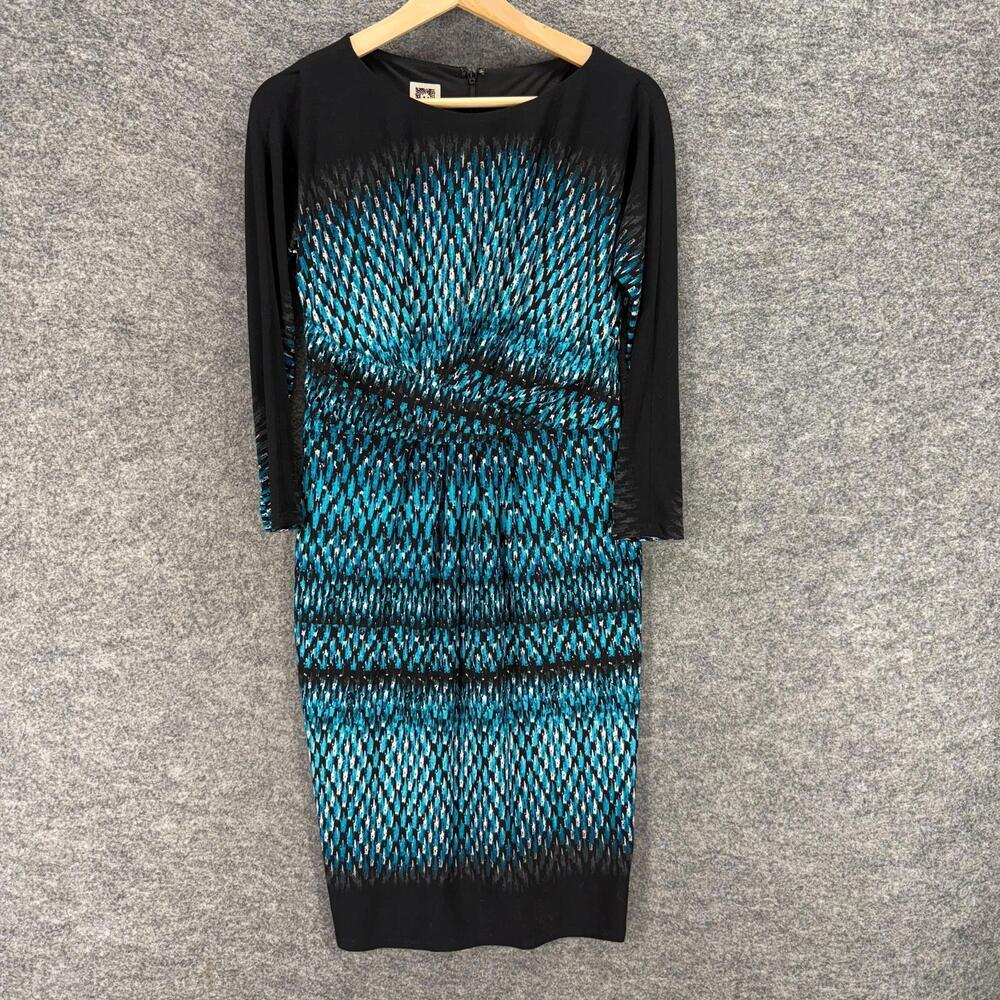 Anne Klein Dress Women 2 Black Geometric Shift Midi Zipper Long Sleeve Casual